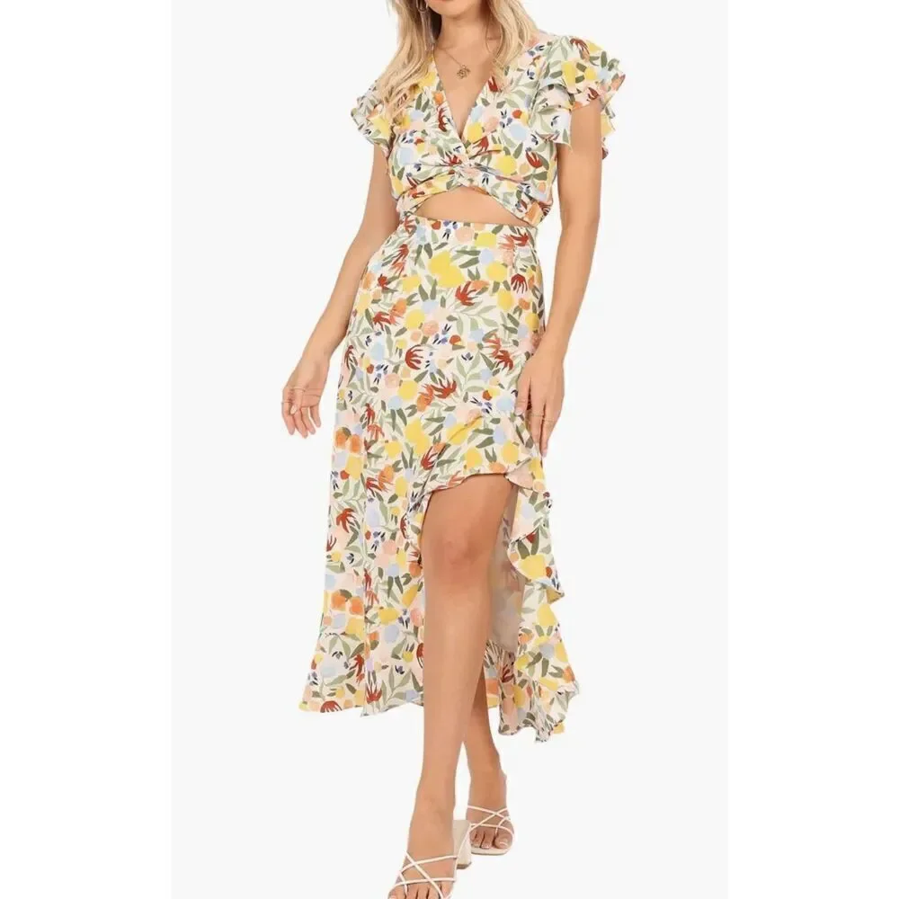 Petal & Pup Lucia Floral Crop Top & Asymmetric Midi Skirt Set Size Medium Nwot